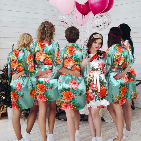 Coume 6 Set Bride Bridesmaid Robes Women's Floral Satin Kimono Robes Bridesmaid and Bridal Short Robe for Wedding Party(Greyish Green) in Saudi Arabia