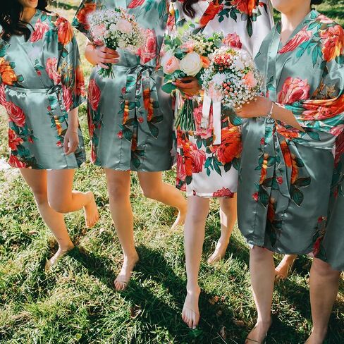 Coume 6 Set Bride Bridesmaid Robes Women's Floral Satin Kimono Robes Bridesmaid and Bridal Short Robe for Wedding Party(Greyish Green) in Saudi Arabia