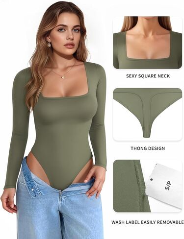Womens Long Sleeve Body Suits Square Neck Thong Bodysuit Slim Shirts Sexy Fall Going Out Tops Y2K 2025 in Saudi Arabia