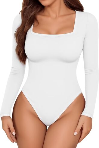 Womens Long Sleeve Body Suits Square Neck Thong Bodysuit Slim Shirts Sexy Fall Going Out Tops Y2K 2025 in Saudi Arabia