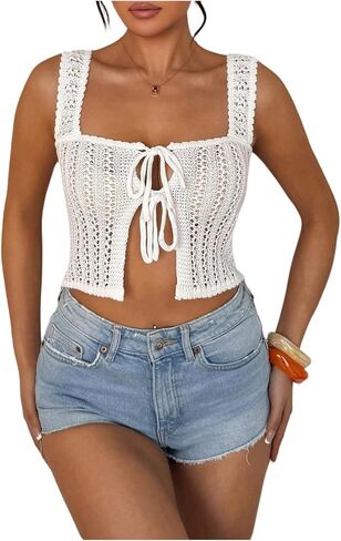 SOLY HUX Women's Summer Hollow Out Crochet Knit Sweater Vest Bow Tie Front Square Neck Sleeveless Crop Tank Tops in Saudi Arabia