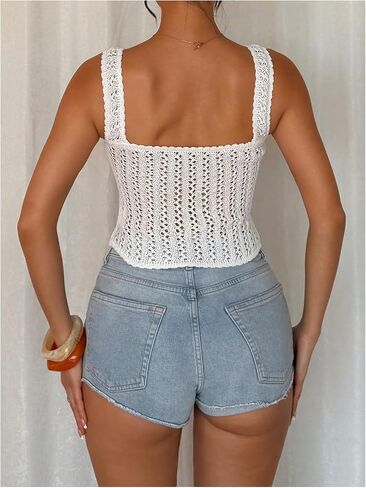 SOLY HUX Women's Summer Hollow Out Crochet Knit Sweater Vest Bow Tie Front Square Neck Sleeveless Crop Tank Tops in Saudi Arabia