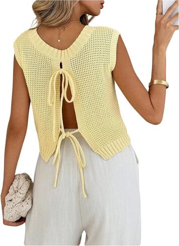 MakeMeChic Women's Crew Neck Tie Knot Sweater Vest Sleeveless Split Hem Y2K Knit Crop Tops in Saudi Arabia