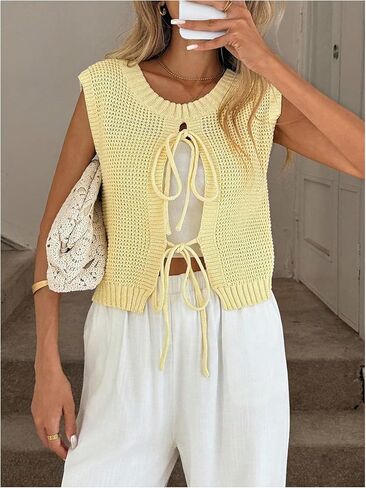 MakeMeChic Women's Crew Neck Tie Knot Sweater Vest Sleeveless Split Hem Y2K Knit Crop Tops in Saudi Arabia