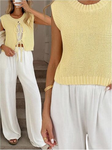 MakeMeChic Women's Crew Neck Tie Knot Sweater Vest Sleeveless Split Hem Y2K Knit Crop Tops in Saudi Arabia