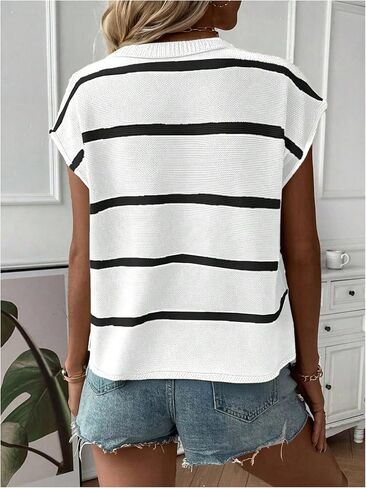 GORGLITTER Women's Sweater Vest Striped Short Sleeve Pullover Knit Sweater Tank Tops Casual Office Work in Saudi Arabia