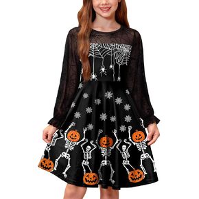 BesserBay Girl's Halloween Party Long Puff Sleeve Crew Neck Ruffle Cuffs Cute Mesh Swing Dress in Saudi Arabia
