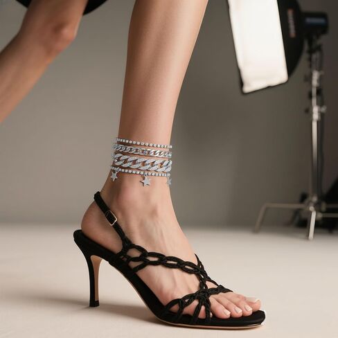 KOSMOS-LI Layered Star Charms Anklet for Women Gold plate Silver plate Rhinestone Cuban Anklets Adjustable Anklet for Summer Beach in Kuwait