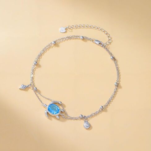 Turtle Anklet for Women 925 Sterling Silver Swiss Blue Topaz Beach Sea Turtle Layered Anklets Hawaii Ocean Jewelry Gifts in Saudi Arabia