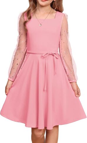 GRACE KARIN Girls Long Sleeve Dress Party Formal Contrast Mesh Puff High Waist Tie Square Neck 6-12 Years in Saudi Arabia