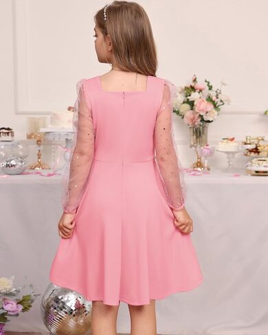 GRACE KARIN Girls Long Sleeve Dress Party Formal Contrast Mesh Puff High Waist Tie Square Neck 6-12 Years in Saudi Arabia