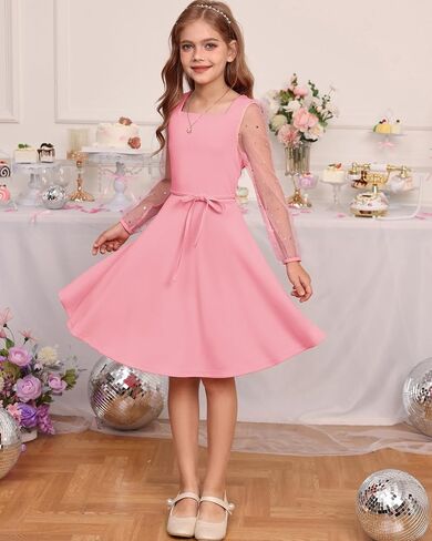GRACE KARIN Girls Long Sleeve Dress Party Formal Contrast Mesh Puff High Waist Tie Square Neck 6-12 Years in Saudi Arabia