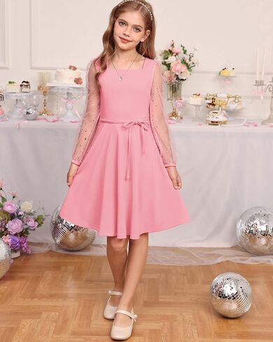GRACE KARIN Girls Long Sleeve Dress Party Formal Contrast Mesh Puff High Waist Tie Square Neck 6-12 Years in Saudi Arabia