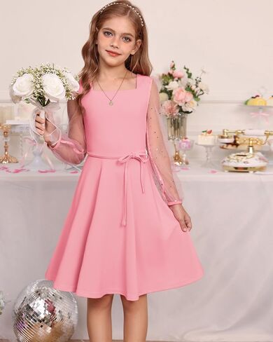 GRACE KARIN Girls Long Sleeve Dress Party Formal Contrast Mesh Puff High Waist Tie Square Neck 6-12 Years in Saudi Arabia