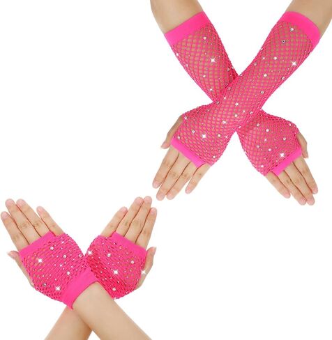 2 Pairs Fishnet Gloves Fingerless for Kids Women with Rhinestone Short & Long Fishnet Arm Sleeves for 80s 90s Halloween(Hot Pink) in Saudi Arabia