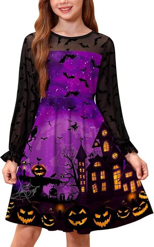 BesserBay Girl's Halloween Party Long Puff Sleeve Crew Neck Ruffle Cuffs Cute Mesh Swing Dress in Saudi Arabia