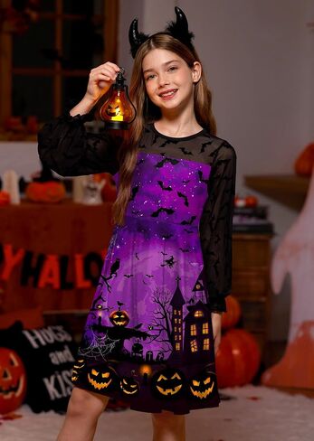 BesserBay Girl's Halloween Party Long Puff Sleeve Crew Neck Ruffle Cuffs Cute Mesh Swing Dress in Saudi Arabia