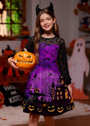 BesserBay Girl's Halloween Party Long Puff Sleeve Crew Neck Ruffle Cuffs Cute Mesh Swing Dress in Saudi Arabia