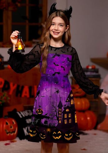 BesserBay Girl's Halloween Party Long Puff Sleeve Crew Neck Ruffle Cuffs Cute Mesh Swing Dress in Saudi Arabia