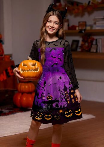 BesserBay Girl's Halloween Party Long Puff Sleeve Crew Neck Ruffle Cuffs Cute Mesh Swing Dress in Saudi Arabia