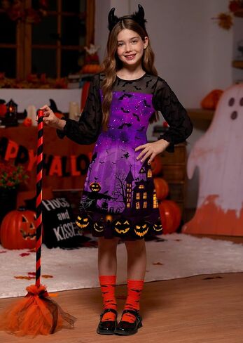 BesserBay Girl's Halloween Party Long Puff Sleeve Crew Neck Ruffle Cuffs Cute Mesh Swing Dress in Saudi Arabia