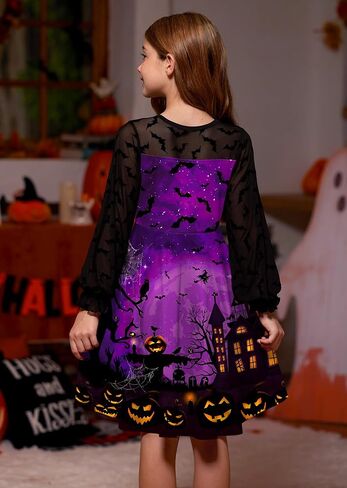 BesserBay Girl's Halloween Party Long Puff Sleeve Crew Neck Ruffle Cuffs Cute Mesh Swing Dress in Saudi Arabia
