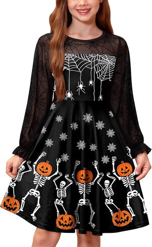 BesserBay Girl's Halloween Party Long Puff Sleeve Crew Neck Ruffle Cuffs Cute Mesh Swing Dress in Saudi Arabia