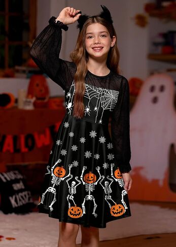 BesserBay Girl's Halloween Party Long Puff Sleeve Crew Neck Ruffle Cuffs Cute Mesh Swing Dress in Saudi Arabia
