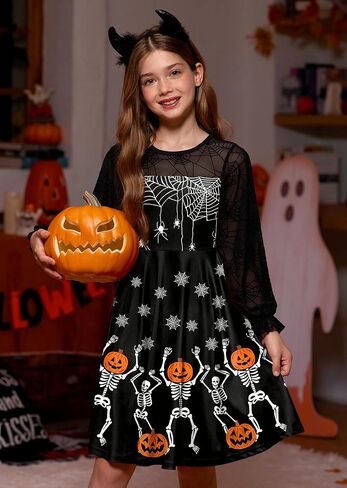 BesserBay Girl's Halloween Party Long Puff Sleeve Crew Neck Ruffle Cuffs Cute Mesh Swing Dress in Saudi Arabia