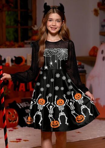 BesserBay Girl's Halloween Party Long Puff Sleeve Crew Neck Ruffle Cuffs Cute Mesh Swing Dress in Saudi Arabia