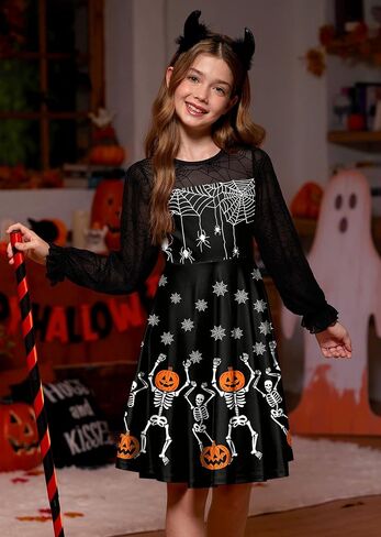 BesserBay Girl's Halloween Party Long Puff Sleeve Crew Neck Ruffle Cuffs Cute Mesh Swing Dress in Saudi Arabia