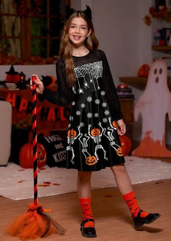 BesserBay Girl's Halloween Party Long Puff Sleeve Crew Neck Ruffle Cuffs Cute Mesh Swing Dress in Saudi Arabia