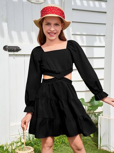 Haloumoning Girls Dresses Long Sleeve Square Neck Crossover Waist Casual A-Line Fall Dress 5-14Y in Saudi Arabia