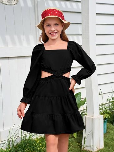 Haloumoning Girls Dresses Long Sleeve Square Neck Crossover Waist Casual A-Line Fall Dress 5-14Y in Saudi Arabia