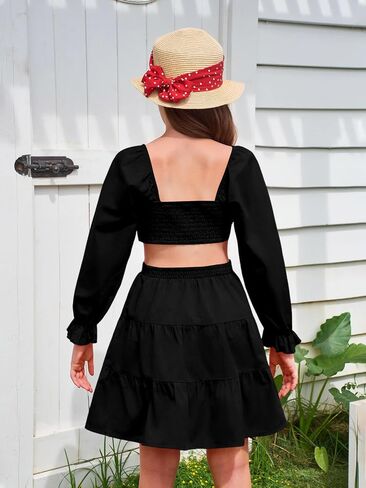 Haloumoning Girls Dresses Long Sleeve Square Neck Crossover Waist Casual A-Line Fall Dress 5-14Y in Saudi Arabia