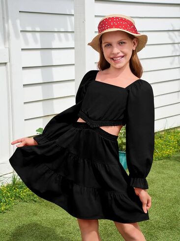 Haloumoning Girls Dresses Long Sleeve Square Neck Crossover Waist Casual A-Line Fall Dress 5-14Y in Saudi Arabia