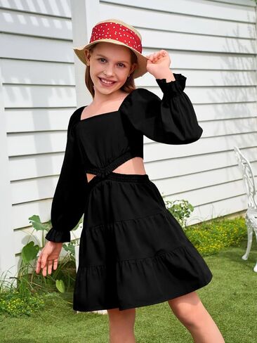 Haloumoning Girls Dresses Long Sleeve Square Neck Crossover Waist Casual A-Line Fall Dress 5-14Y in Saudi Arabia