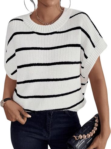 GORGLITTER Women's Striped Sweater Vest Short Cap Sleeve Crew Neck Knit Vest Top in Saudi Arabia