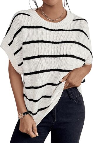 GORGLITTER Women's Striped Sweater Vest Short Cap Sleeve Crew Neck Knit Vest Top in Saudi Arabia