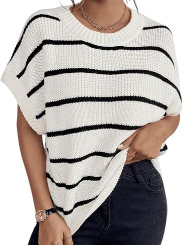 GORGLITTER Women's Striped Sweater Vest Short Cap Sleeve Crew Neck Knit Vest Top in Saudi Arabia