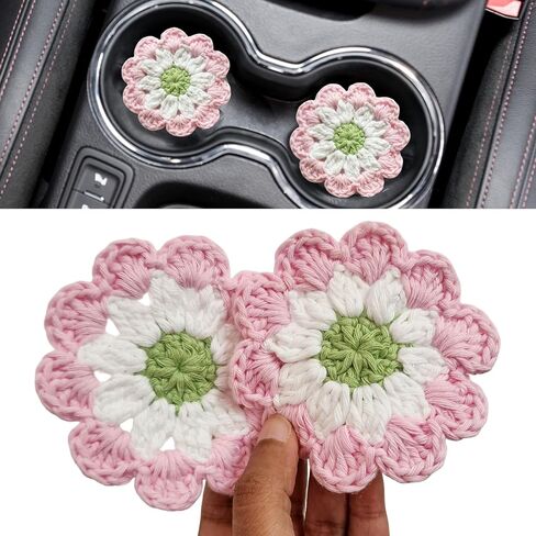 Cotton Car Coasters 2pc Car Cup Coasters Cute car Accessories for Women car Coaster for Cup Holders (Rosy Glow) in Saudi Arabia