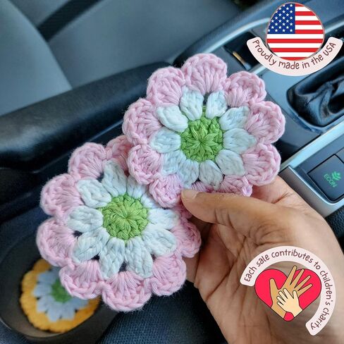 Cotton Car Coasters 2pc Car Cup Coasters Cute car Accessories for Women car Coaster for Cup Holders (Rosy Glow) in Saudi Arabia