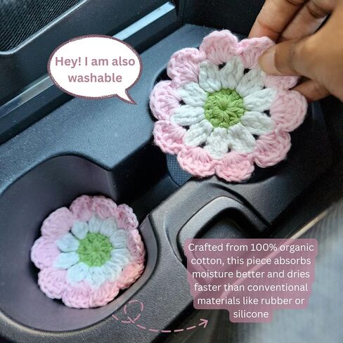 Cotton Car Coasters 2pc Car Cup Coasters Cute car Accessories for Women car Coaster for Cup Holders (Rosy Glow) in Saudi Arabia