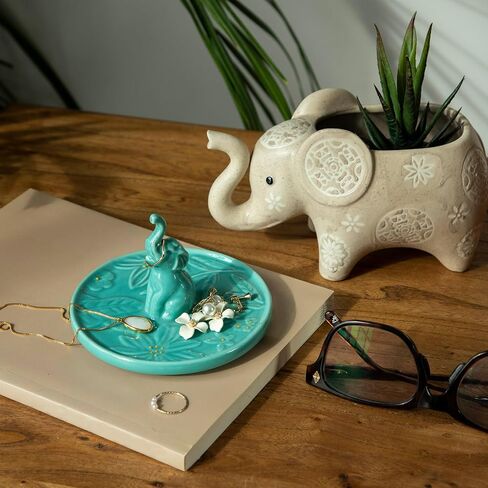 Ceramic Elephant Jewelry Tray - Hand-Painted Trinket Dish & Ring Holder for Dresser, Elephant Themed Home Decor Organizer Bowl for Nightstand, Bathroom Counter (Pink) in Saudi Arabia