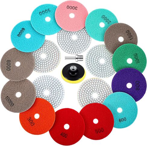 20 Pack Diamond Polishing Pads Set, 4 Inch Wet/Dry Granite Stone Polish Pad Kit 30-10000 Grit with 5/8’’-11 Backer Pad Drill Grinder Adapter and Wool Disc for Marble Rock Concrete Stone Quartz in Saudi Arabia