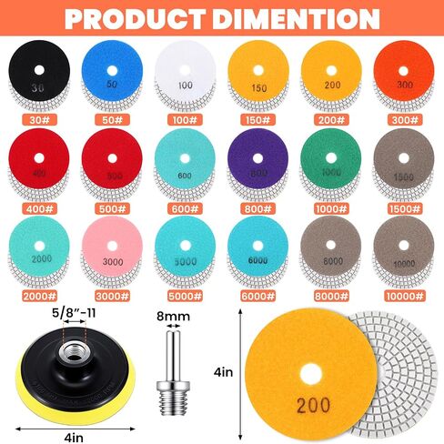 20 Pack Diamond Polishing Pads Set, 4 Inch Wet/Dry Granite Stone Polish Pad Kit 30-10000 Grit with 5/8’’-11 Backer Pad Drill Grinder Adapter and Wool Disc for Marble Rock Concrete Stone Quartz in Saudi Arabia