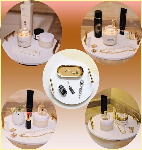 صينية ديكو مستديرة محددة لديكور المنزل، دائرة خشبية بيضاء مقاس 30.48 سم مع مقبض ذهبي لامع، صينية دائرية مزخرفة لطاولة القهوة، المطبخ، غرفة المعيشة، غرفة النوم in Kuwait