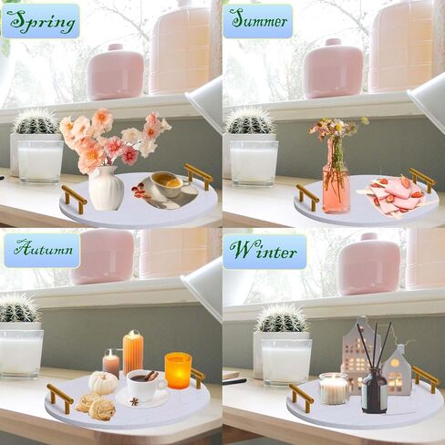 صينية ديكو مستديرة محددة لديكور المنزل، دائرة خشبية بيضاء مقاس 30.48 سم مع مقبض ذهبي لامع، صينية دائرية مزخرفة لطاولة القهوة، المطبخ، غرفة المعيشة، غرفة النوم in Kuwait