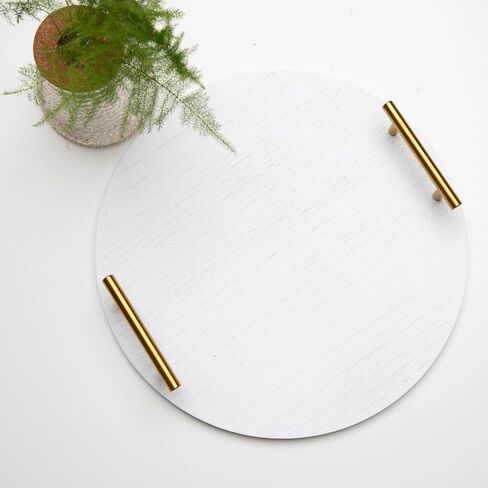 صينية ديكو مستديرة محددة لديكور المنزل، دائرة خشبية بيضاء مقاس 30.48 سم مع مقبض ذهبي لامع، صينية دائرية مزخرفة لطاولة القهوة، المطبخ، غرفة المعيشة، غرفة النوم in Kuwait