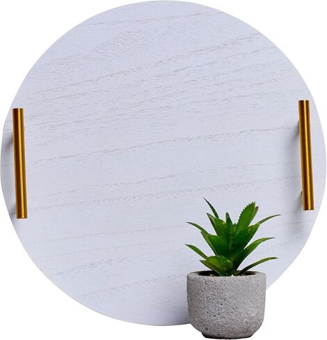 صينية ديكو مستديرة محددة لديكور المنزل، دائرة خشبية بيضاء مقاس 30.48 سم مع مقبض ذهبي لامع، صينية دائرية مزخرفة لطاولة القهوة، المطبخ، غرفة المعيشة، غرفة النوم in Kuwait